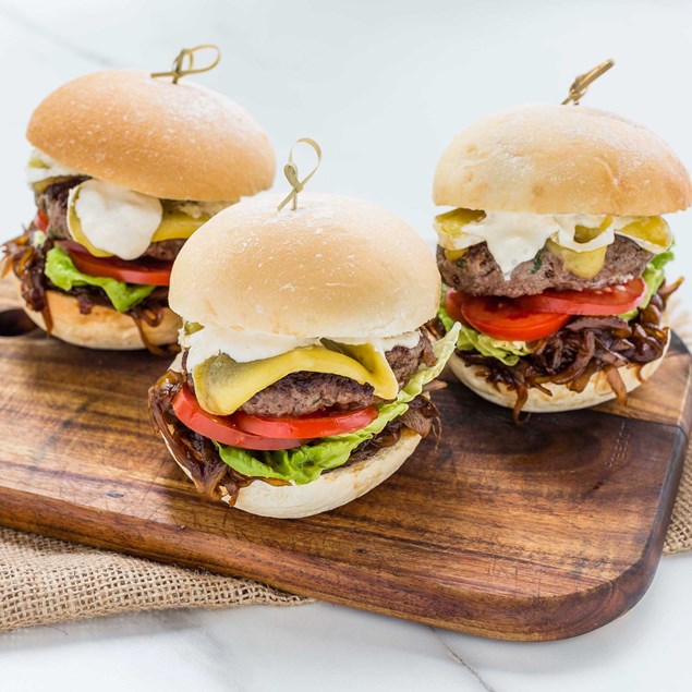 Confit Beef Burgers with Caramelised Onion, Camembert and Horseradish Mayo