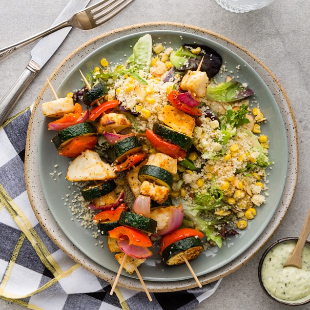 Grilled Haloumi Skewers with Couscous & Chimichurri Yoghurt