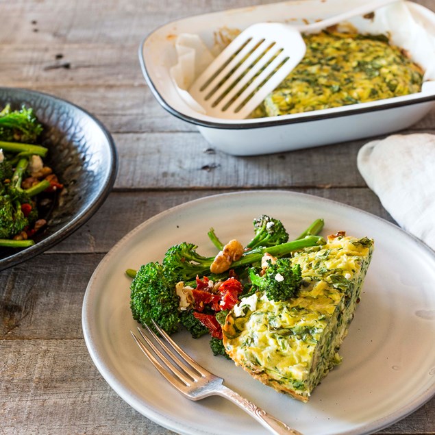 Courgette, Spinach and Olive Bake with Broccolini Feta and Semi-Dried Tomato