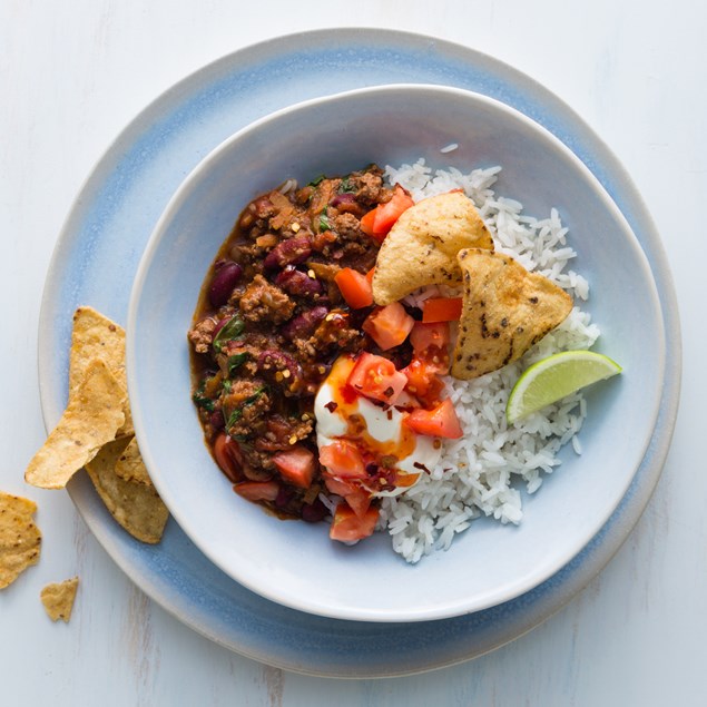 Lamb Chilli Con Carne with Rice and Corn Chips