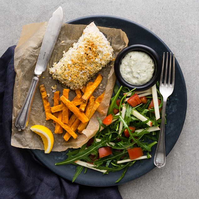 Lemon Pepper Fish with Kumara Chips and Salad