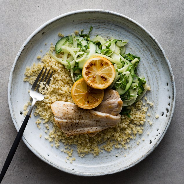 Pan Fried Fish with Fennel Slaw and Grilled Lemon