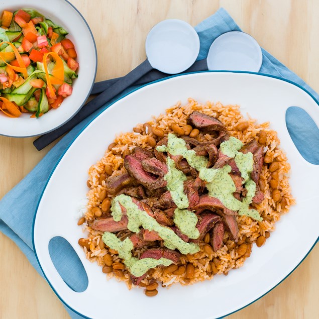 Beef Sirloin Steak with Chilli Bean Rice and Chimichurri Sauce