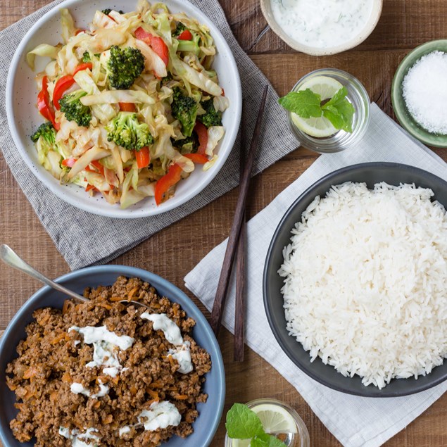 Indonesian Spiced Beef with Stir-Fried Vegetables, Rice and Coriander Yoghurt 