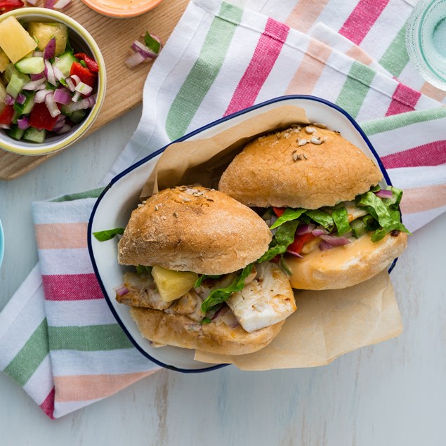 Hawaiian Fish Burgers with Pineapple Salsa & Aloha Crème