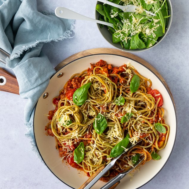 Chicken & Bacon Ragù  with Fresh Spinach Spaghetti
