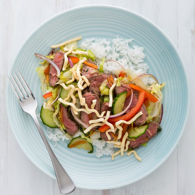 Thai Beef Salad with Crispy Noodles and Jasmine Rice