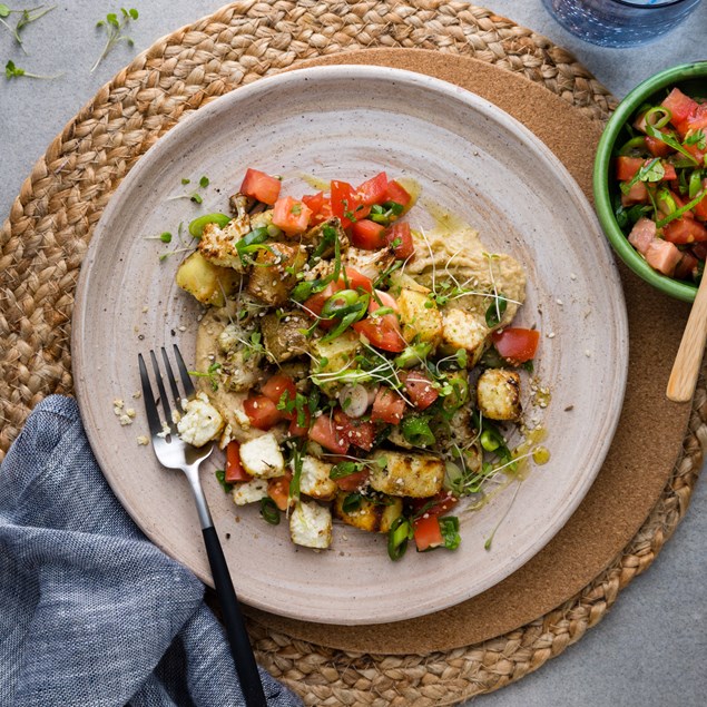 Dukkah Paneer and Cauliflower with Roast Potatoes and Sunshoots