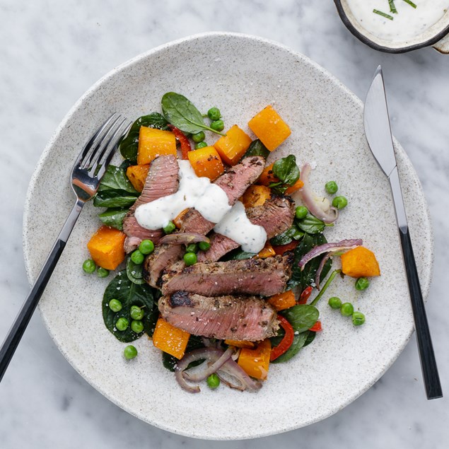 CHIMICHURRI LAMB RUMP STEAKS WITH PEA AND PUMPKIN SALAD