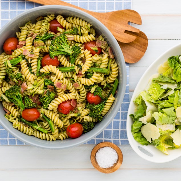 Bacon and Basil Pesto Pasta with Caesar Salad