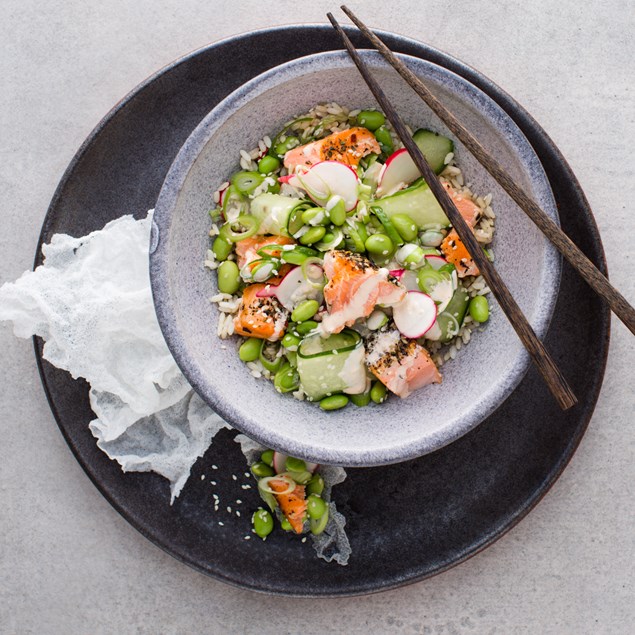 Salmon Poke with Sriracha Aioli and Rice Paper Crisps