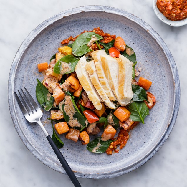 Chicken & Kumara Capsicum Salad with Roast Capsicum Pesto