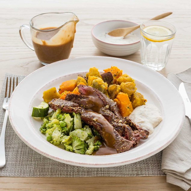 Mustard Roast Beef with Thyme Roasted Vegetables, Steamed Greens and Gravy 