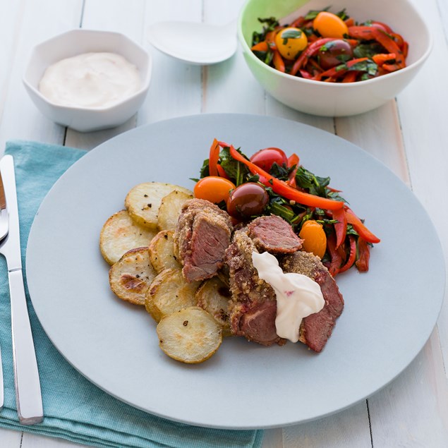 Crumbed Steaks with Potato Rounds and Balsamic Veggies