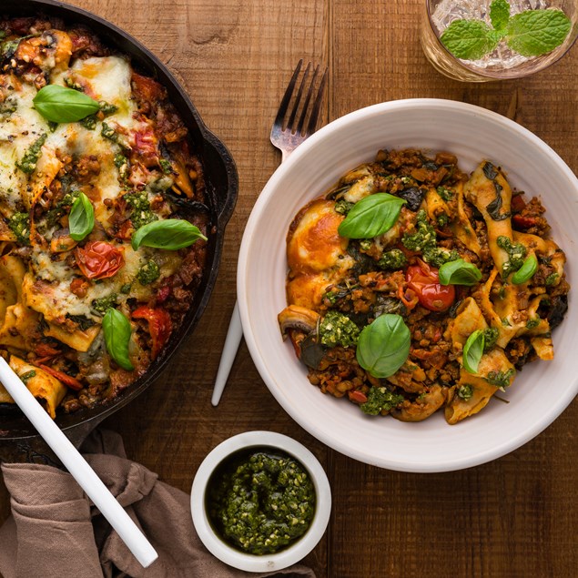 Beef & Mushroom Skillet Lasagne with Mozzarella & Pesto