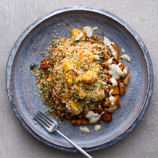 Tomato & White Bean Casserole with Roast Pumpkin Pangrattato