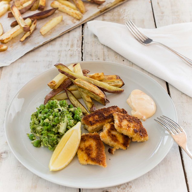 Crumbed Fish Bites with Kumara and Potato Chips and Mushy Peas