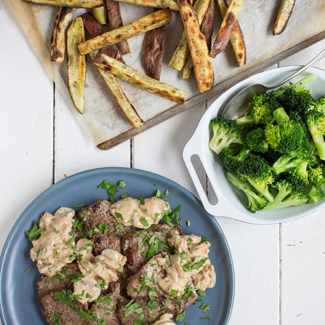 Beef With Creamy Mushroom Sauce and Kumara Chips
