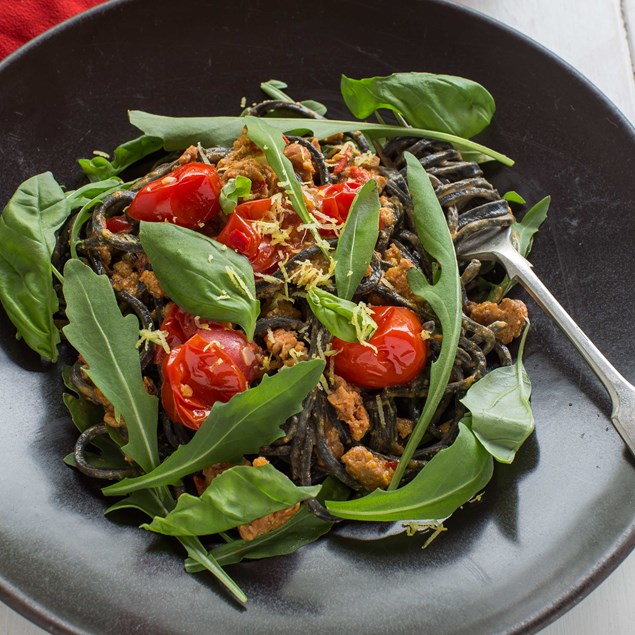 Chorizo and Squid Ink Spaghetti with Rocket