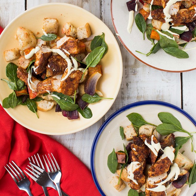Cajun Chicken and Roast Vegetables with Aioli and Croutons