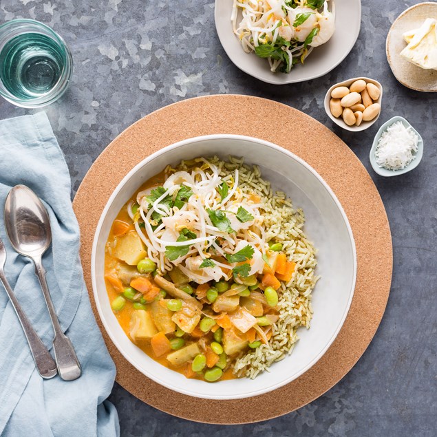 Panang Curry with Lychee Salad and Makrut Lime Rice