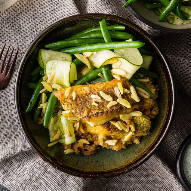 Middle Eastern Fish with Spiced Bulgur, Dill Yoghurt and Almonds