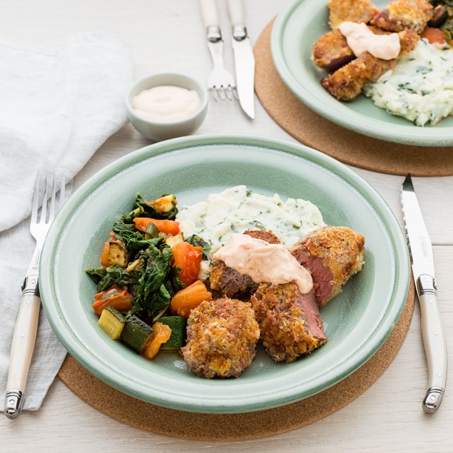 Crumbed Lamb with Potato and Silverbeet Sour Cream Mash
