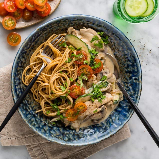 Creamy Chicken with Brown Rice Spaghetti & Mushrooms