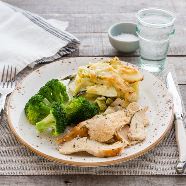 Herbed Chicken Breast with Potato and Leek Gratin