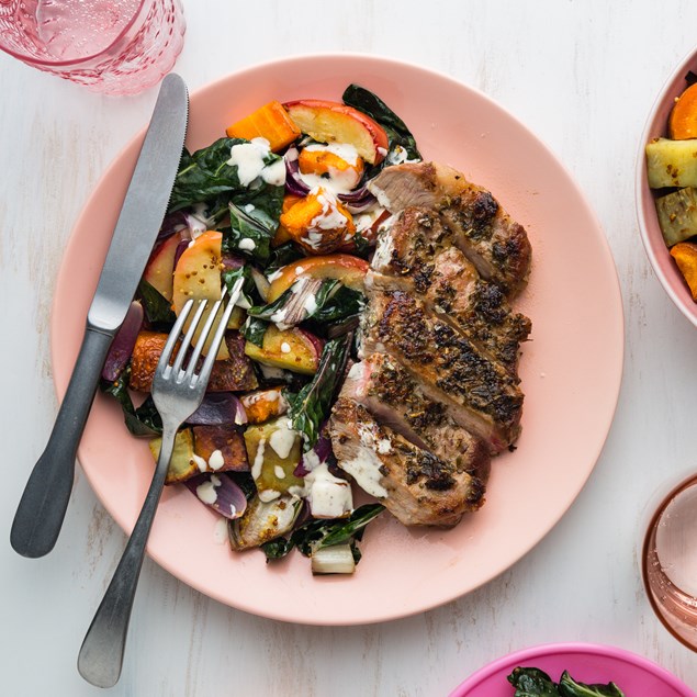 Pork Scotch Steaks with Roasted Kumara and Apple Salad