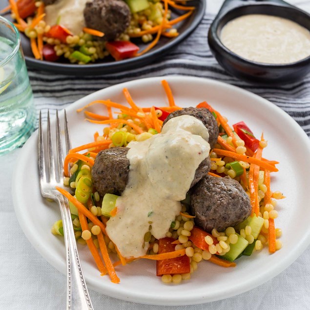 Greek Lamb Meatballs with Pearl Couscous Salad and Lemon Hummus