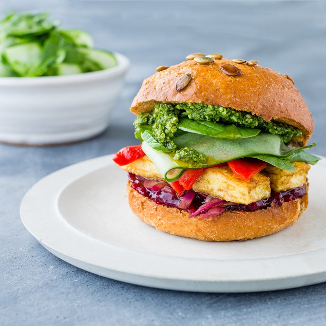 Haloumi Garden Burgers with Beetroot Chutney and Garden Pesto