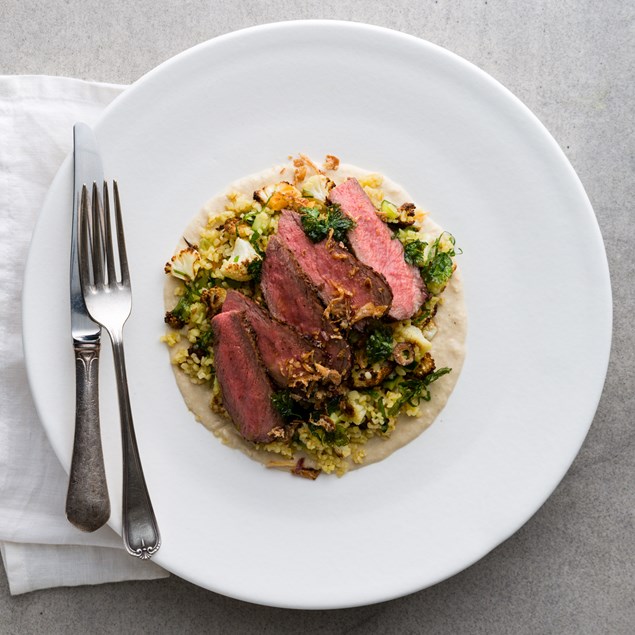 Spice Crusted Beef with Bulgur Tabbouleh and Almond Hummus
