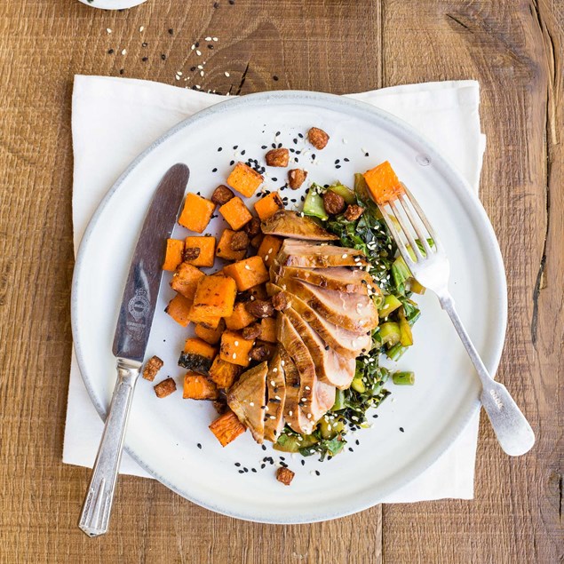 Orange Soy-Glazed Duck with Miso Kumara and Vegetables