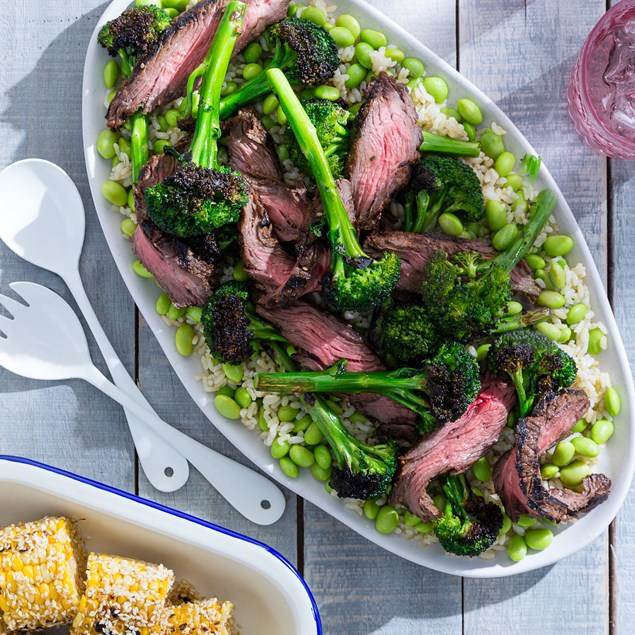 Asian Beef with Edamame Broccolini Salad and Sesame Corn
