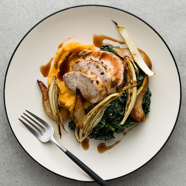 Pork Fillet with Kumara Pear and Red Wine Jus