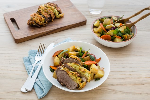 Courgette and Cheese Crusted Lamb with Roasted Potatoes