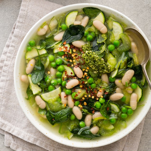 Spring Minestrone Verde with Focaccia Bread and Basil Pesto