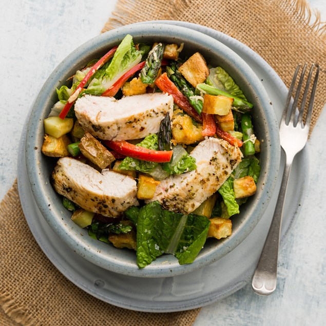 Chicken Caesar Salad with Potato Croutons and Asparagus