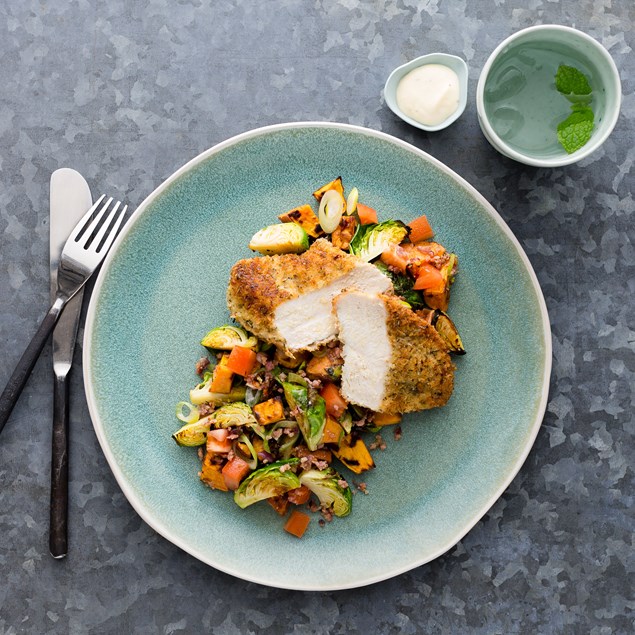LEMON AND HERB CHICKEN SCHNITZEL WITH KALETTE CAESAR