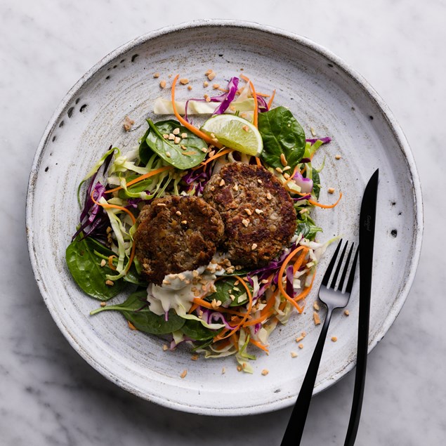 Thai Lentil Cakes with Asian Slaw and Makrut Emulsion