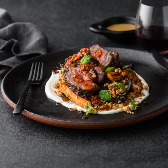 Za’atar Rubbed Te Mana Lamb with Pomegranate Dressing & Feta Curd
