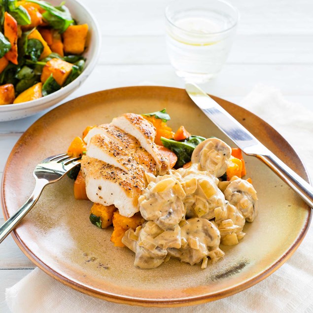Pan-Roasted Chicken with Caramelised Vegetables and Mushroom Sauce