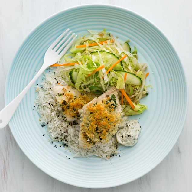 Coriander Crumbed Fish with Jasmine Rice and Japanese Salad