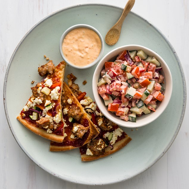 Chicken and Capsicum Pizzas with Red Pepper Pesto Mayo