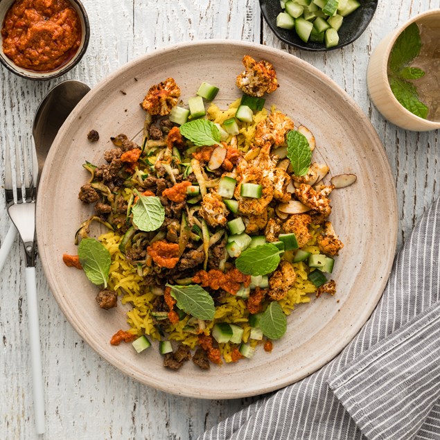 Turkish Beef with Poppy Seed Pilaf & Muhammara Sauce 