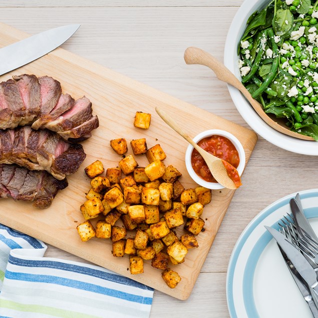 Steak and Crispy Potatoes with Pea and Asparagus Salad