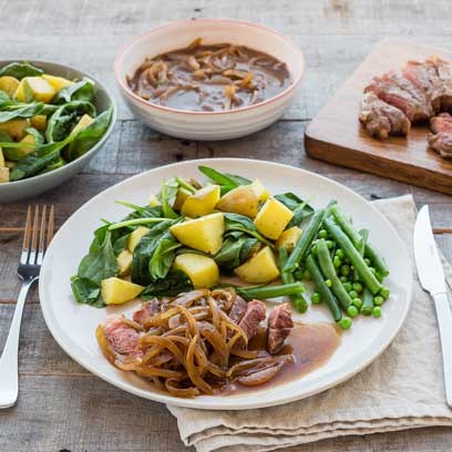 Roast Beef Sirloin Steak with Roasted Potatoes, Spinach and Onion Gravy