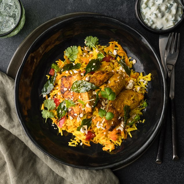 Sri Lankan Chicken with Cucumer Salad, Tamarind & Fried Curry Leaves