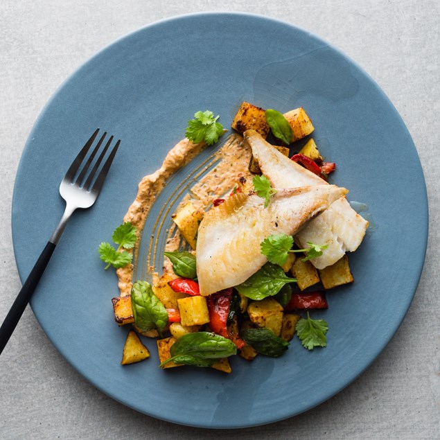 Fish and Tunisian Tabil Potatoes with Eggplant Relish